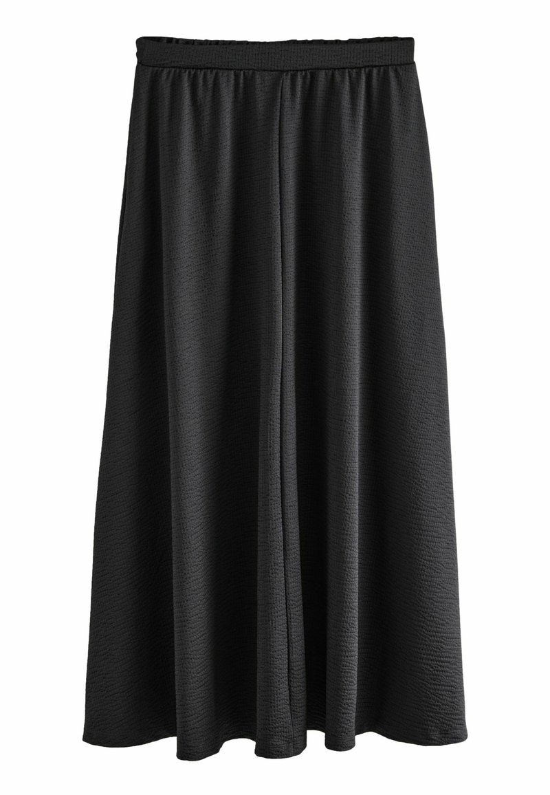 Zwarte rok van gestructureerde stof met een elastische tailleband, geplooid ontwerp en een vloeiende vorm die tot halverwege de kuit reikt.