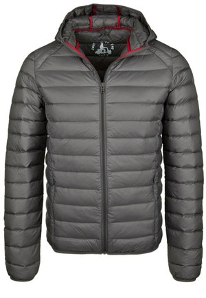 Chaqueta acolchada gris con capucha, con diseño acolchado, forro rojo y cierre frontal de cremallera. Material ligero con puños elásticos.