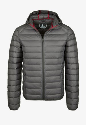 Chaqueta acolchada gris con capucha, con diseño acolchado, forro rojo y cierre frontal de cremallera. Material ligero con puños elásticos.