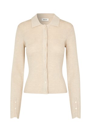 Beige ribbed cardigan with long sleeves, a collared neckline, and button closure. Features small buttons and a fitted silhouette.