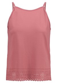 Top senza maniche rosa con sottili spalline, caratterizzato da un orlo a scollatura e un intricato motivo floreale a intaglio nella parte inferiore. Tessuto dalla texture liscia.
