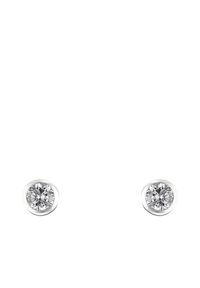 Orecchini a bottone rotondi con gemme trasparenti montate in argento lucido. Design semplice con finitura liscia e senza ulteriori decorazioni.