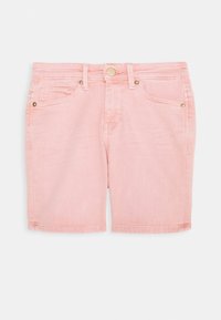 Vaaleanpunaiset denimhousut, sileä pinta, viiden taskun malli, messinkinen nappi ja vyölenkit. Suora lahkeenleikkaus ommellulla helmalla.