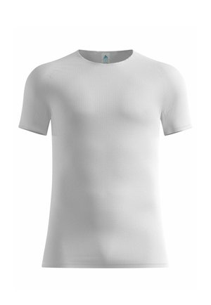 Weißes, kurzärmeliges, strukturiertes Sportshirt mit Rundhalsausschnitt, dargestellt vor einem schlichten weißen Hintergrund.