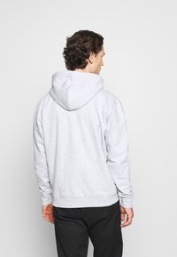 Grå hættetrøje med blød tekstur, prydet med et enkelt design, kengurulomme og ribbede manchetter og kant. Vist fra bagsiden.