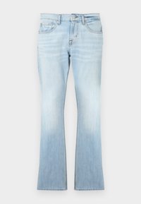 Φωτεινά γαλάζια τζιν παντελόνια με καμπάνα από denim ύφασμα. Διαθέτουν πέντε τσέπες, κλείσιμο με κουμπί και φερμουάρ, με ξεθώριασμα προς το τελείωμα.