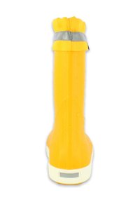 Botte imperméable jaune avec un bout arrondi, un extérieur texturé et une bordure grise en haut. Comprend des éléments réfléchissants pour une meilleure visibilité.