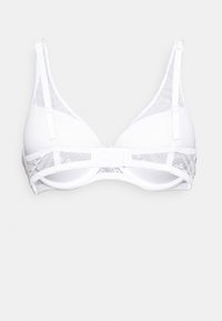 Soutien-gorge triangle blanc avec des accents en dentelle, des bonnets doux, des bretelles ajustables et une fermeture à crochets et œillets avec une finition lisse et mate.