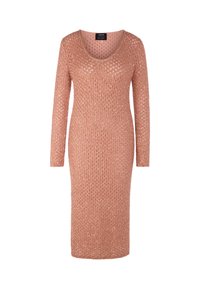 Strickkleid in sanftem Rosa mit langen Ärmeln und rundem Ausschnitt. Verfügt über eine offene Strickstruktur und eine figurbetonte Silhouette.
