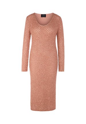 Strickkleid in sanftem Rosa mit langen Ärmeln und rundem Ausschnitt. Verfügt über eine offene Strickstruktur und eine figurbetonte Silhouette.