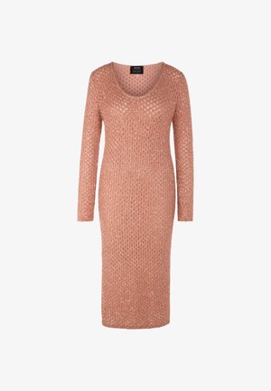 Strickkleid in sanftem Rosa mit langen Ärmeln und rundem Ausschnitt. Verfügt über eine offene Strickstruktur und eine figurbetonte Silhouette.