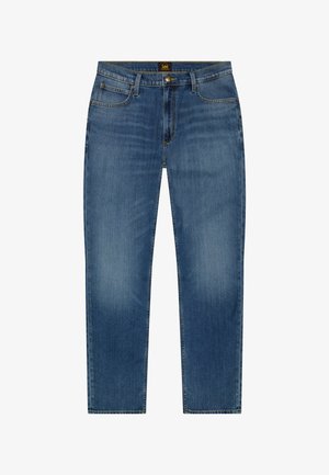 Modre kavbojke iz jeansa z ravnim krojem hlačnic, petimi žepi, zapiranjem na gumb in etiketo blagovne znamke Lee na pasu.