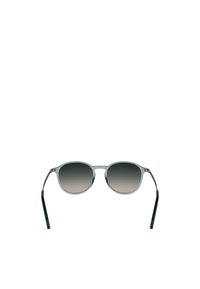 Round sunglasses with a light gray frame, gradient gray lenses, and dark green temples featuring a subtle matte finish.