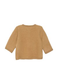 Brauner Wollpullover mit langen Ärmeln, rundem Ausschnitt und weichem, strukturiertem Stoff. Verfügt über einen geraden Saum und gerippte Bündchen.