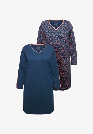 Zwei langärmelige Nachthemden in Marineblau, eines einfarbig mit Koralleneinfassung, das andere mit korallenfarbenen Sterneumrissen und korallenfarbener Einfassung am Kragen und den Ärmeln.