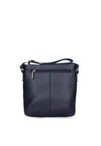 Borsa a tracolla in pelle di colore blu navy con chiusura zip, caratterizzata da una texture liscia, dettagli di cucitura discreti e una tracolla regolabile.