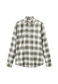 Camisa de manga larga a cuadros en verde y blanco, fabricada con tejido suave, con cuello abotonado, corte regular y cierre frontal con botones.