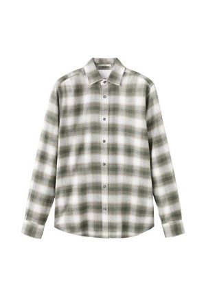 Grön och vit rutigt långärmad skjorta gjord av mjukt tyg, med en knapp-down krage, normal passform och framtill knäppning.