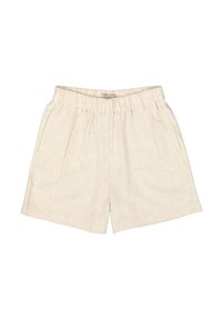 Shorts de lino en beige claro con cintura elástica, que cuentan con pliegues en la parte delantera y bolsillos laterales. Textura suave y corte relajado.