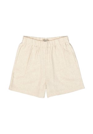 Linen shorts in light beige with an elastic waistband, featuring front pleats and side pockets. Smooth texture and relaxed fit.