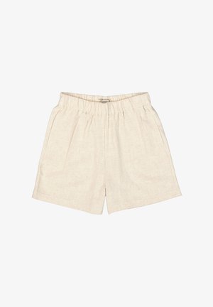 Shorts de lino en beige claro con cintura elástica, que cuentan con pliegues en la parte delantera y bolsillos laterales. Textura suave y corte relajado.