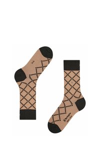 Calze al ginocchio color beige con un motivo geometrico a diamante nero, dotate di punte scure a contrasto e polsini a costine. Tessuto leggero e morbido.