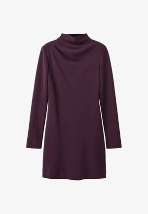 Long-sleeve, plum-colored dress with a high, draped neckline and a straight, simple silhouette.