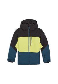 Veste color-block composée de panneaux noirs, jaunes vifs et teal. Elle comprend une capuche, un zip à l'avant et des poches latérales. Matériau imperméable.