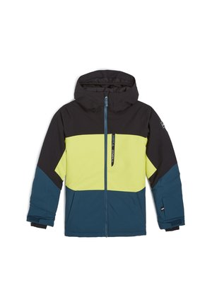 Veste color-block composée de panneaux noirs, jaunes vifs et teal. Elle comprend une capuche, un zip à l'avant et des poches latérales. Matériau imperméable.