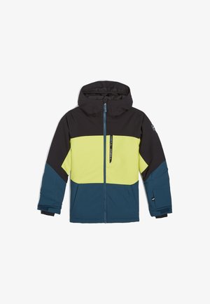 Färgblockerad jacka med svarta, starkt gula och turkosa paneler. Den har en huva och framdragkedja med sidofickor. Vattentätt material.