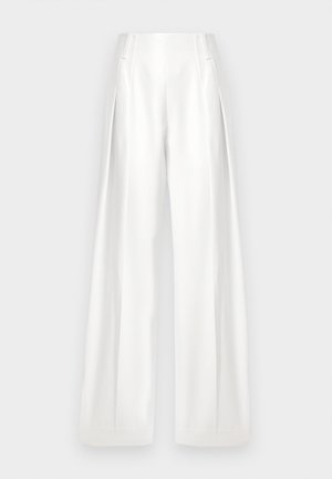 Pantalones anchos blancos de talle alto, que cuentan con dos bolsillos frontales y una tela suave y lisa. Diseño limpio y entallado con sutiles pliegues.