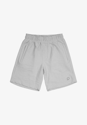 Pantalones cortos de color gris claro con una tela texturizada, que presentan una cinturilla elástica, dos bolsillos laterales y un pequeño logotipo en el dobladillo inferior.
