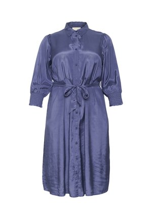 Knopfkleid aus glänzender lila Satin, mit puffärmeln, einem taillierten Schnitt und gerafften Manschetten für eine strukturierte Silhouette.