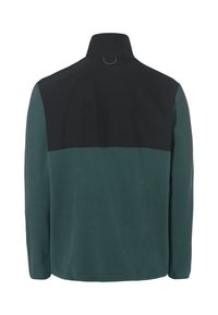 Giacca in fleece con colletto alto; metà inferiore di colore verde scuro e metà superiore nera; texture morbida con orlo curvo e senza chiusure visibili.