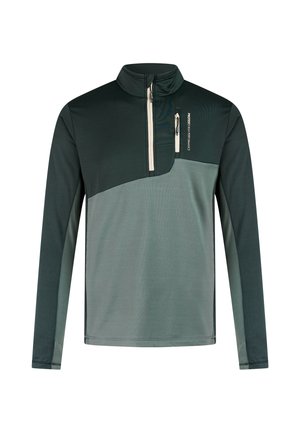 Langarmige, tweekleurige groene sporttrui met hoge kraag en beige ritssluitingzak op de borst met label "Protest High Performance."