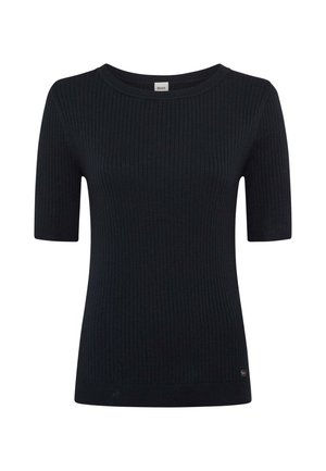 Dark navy ribbed short-sleeve top with a round neckline and a small logo accent on the lower hem. Made from a soft, textured fabric.