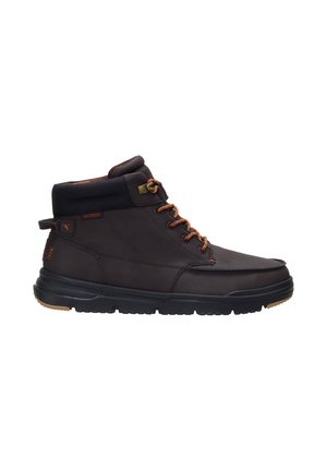 Stivaletto marrone scuro con colletto imbottito, lacci arancioni, suola nera, dettagli cuciti e linguetta sul tallone.