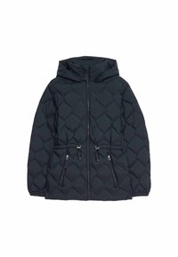 Černá prošívaná bunda s kapucí, předním zipem, stahovacími šňůrkami v pase, bočními kapsami na zip a elastickými manžetami.