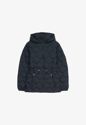 Černá prošívaná bunda s kapucí, předním zipem, stahovacími šňůrkami v pase, bočními kapsami na zip a elastickými manžetami.