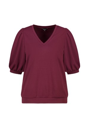 Blouse bordeaux à manches courtes avec col en V et manches bouffantes, tissu texturé, et ourlet ajusté à la taille, taille moyenne.