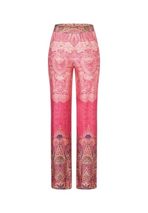 Pantalon taille haute rose avec motifs complexes de paisley et floraux en beige, violet et brun, doté d'une coupe droite.