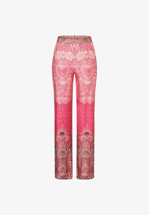 Hoch taillierte rosa Hose mit komplizierten Paisley- und Blumenmustern in Beige, Lila und Braun, mit geradem Bein.