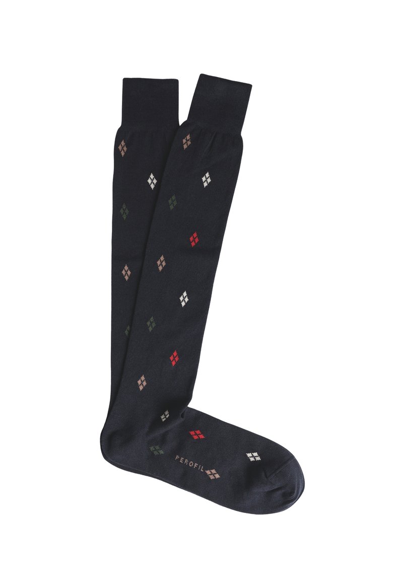 Calze color navy con motivo a rombi in rosso, verde, bianco e beige. Realizzate in materiale morbido con polsino semplice e dettaglio del logo.