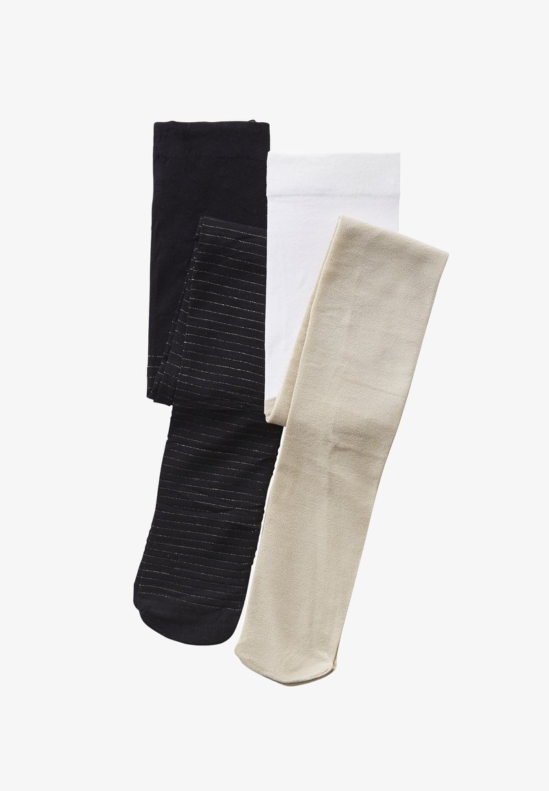 Three pairs of leggings: solid black, white, and beige; one black pair features thin gold stripes; smooth texture; varying thickness.