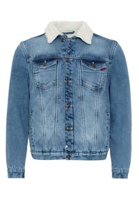 Jeansjacke in Hellblau mit einem mit Sherpa gefütterten Kragen. Verfügt über zwei Brusttaschen, Knopfverschluss und kontrastierende Nähte.