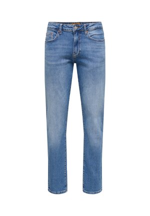 Gaismas zila taisna piegriezuma džinsa bikses ar priekšējo pogas un rāvējslēdzēja aizdari, priekšējām un aizmugurējām kabatām un smalku izbalējušu detaļu.