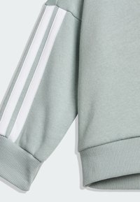 Light green sweatshirt featuring a textured fabric, ribbed cuffs, and two white parallel stripes along the sleeve.