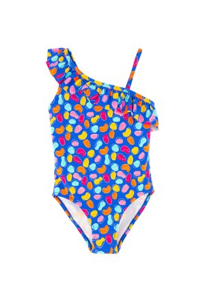 Bañador azul para niños con un solo hombro, con formas abstractas coloridas y un escote con volantes.