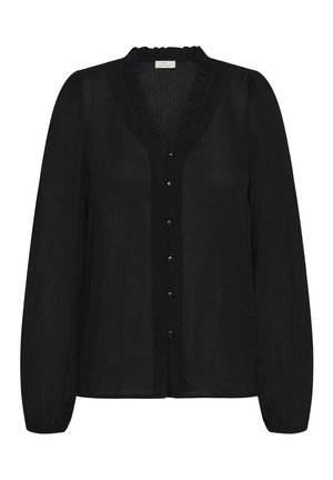 Blouse noire à manches longues, décolleté en V froncé et fermeture à boutons sur le devant. Fabriquée en tissu transparent avec une texture douce.