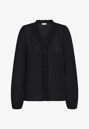 Sort bluse med lange ærmer, flæset V-udskæring og knaplukning foran. Lavet af gennemsigtig stof med en blød tekstur.